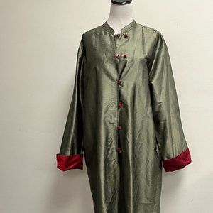 Custom vintage FATTO A MANO dress coat silk shantung green red duster M L XL